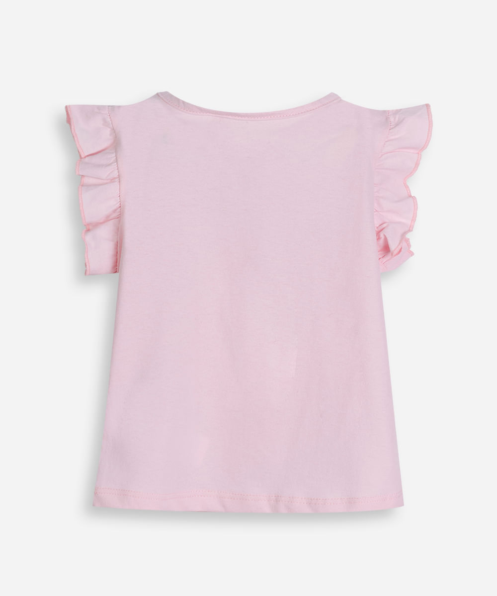 camiseta de algodão infantil manga com babado frutinhas rosa