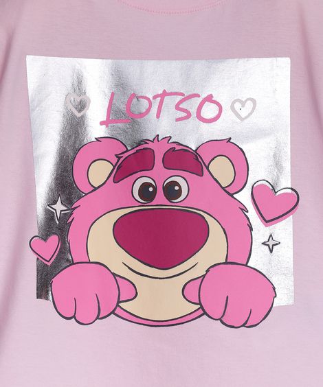 camiseta de algodão infantil manga curta lotso metalizado rosa
