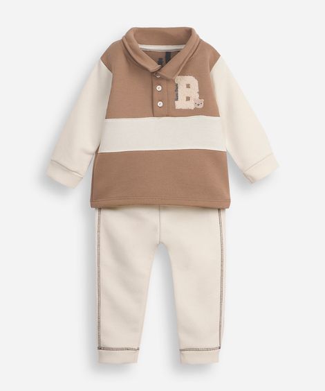 conjunto longo infantil de moletom ursinho bege