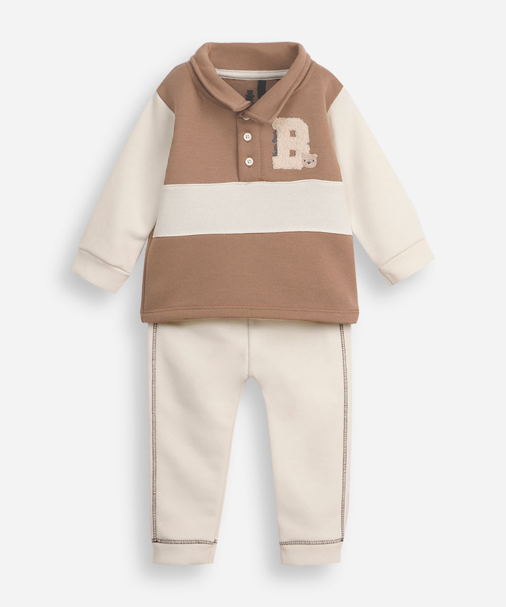 conjunto longo infantil de moletom ursinho bege