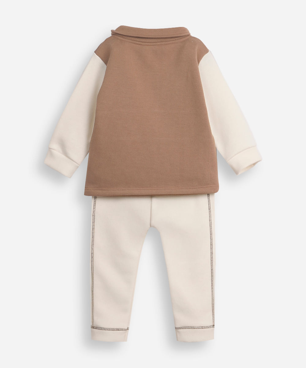 conjunto longo infantil de moletom ursinho bege
