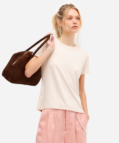 camiseta feminina básica de viscose manga curta bege