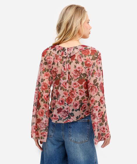 bata feminina de tule com babados floral bege