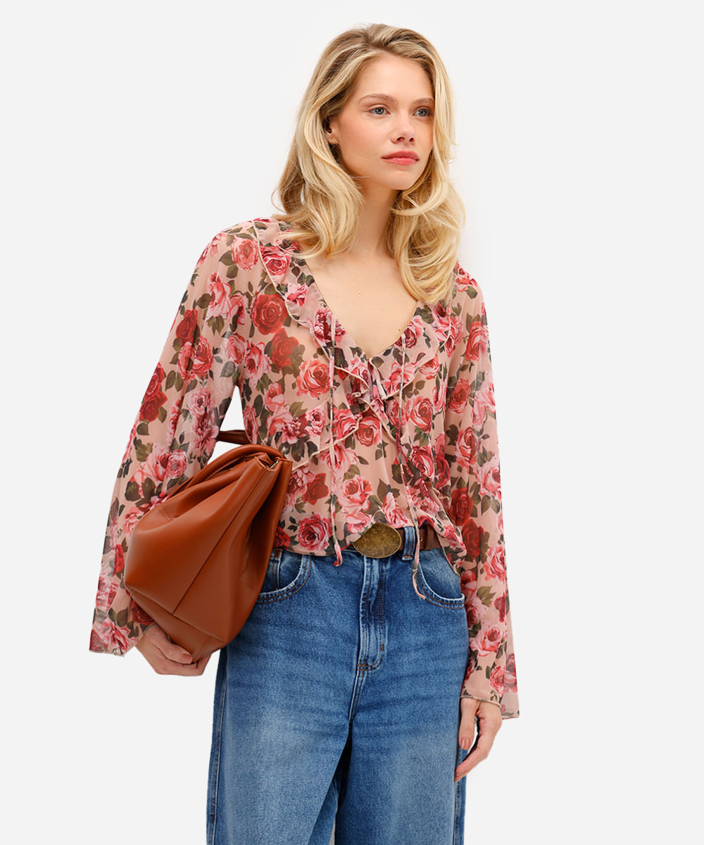 bata feminina de tule com babados floral bege