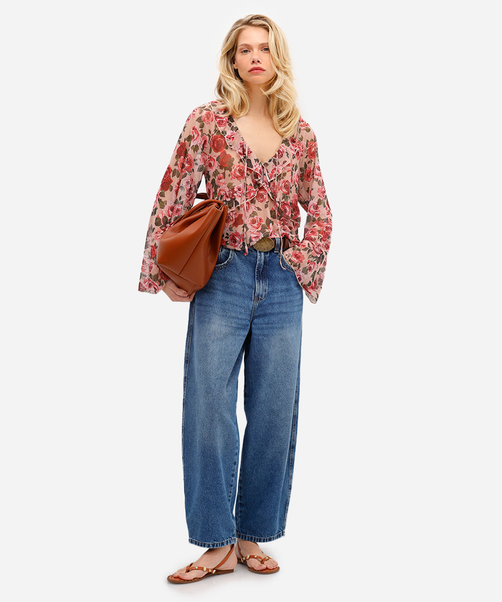 bata feminina de tule com babados floral bege