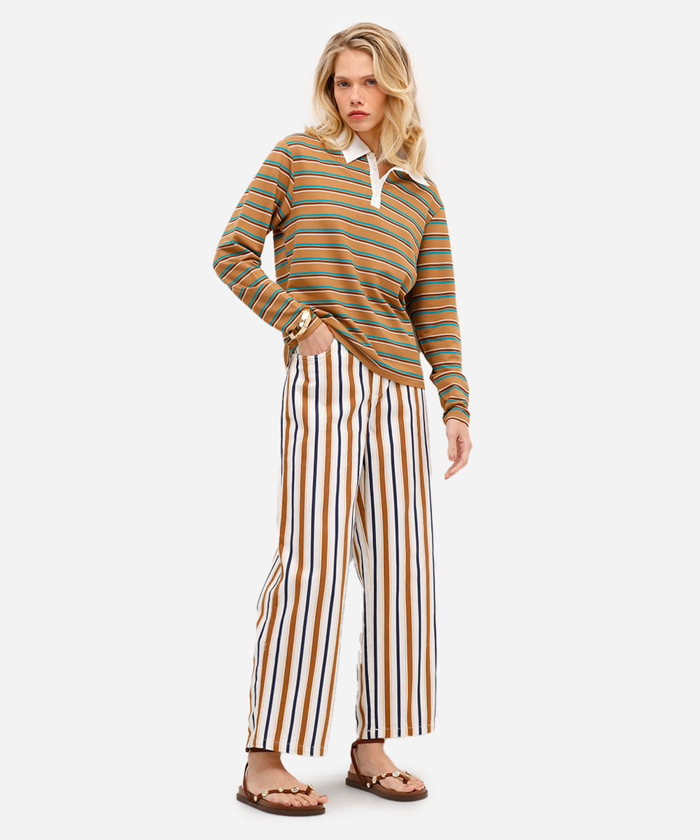 calça wide leg feminina de sarja listrada off white