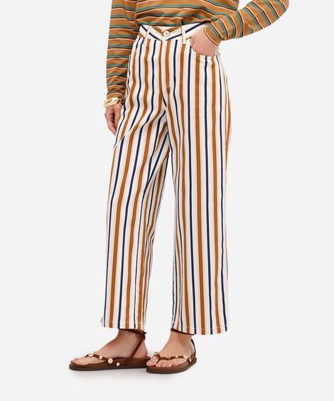 calça wide leg feminina de sarja listrada off white