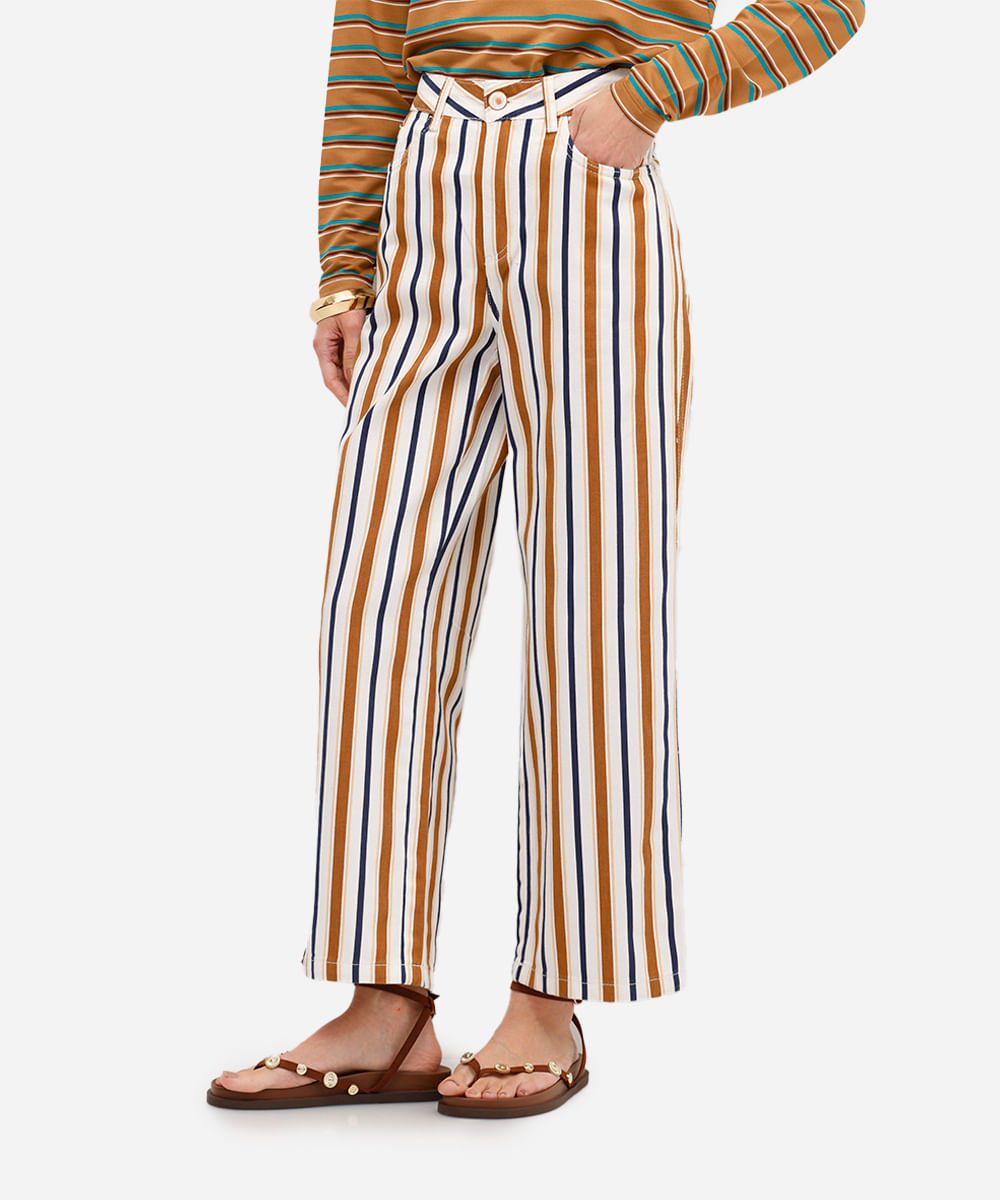 calça wide leg feminina de sarja listrada off white