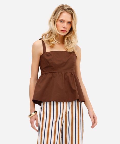blusa feminina de algodão evasê com amarração marrom