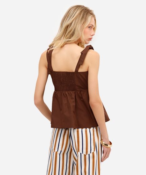 blusa feminina de algodão evasê com amarração marrom