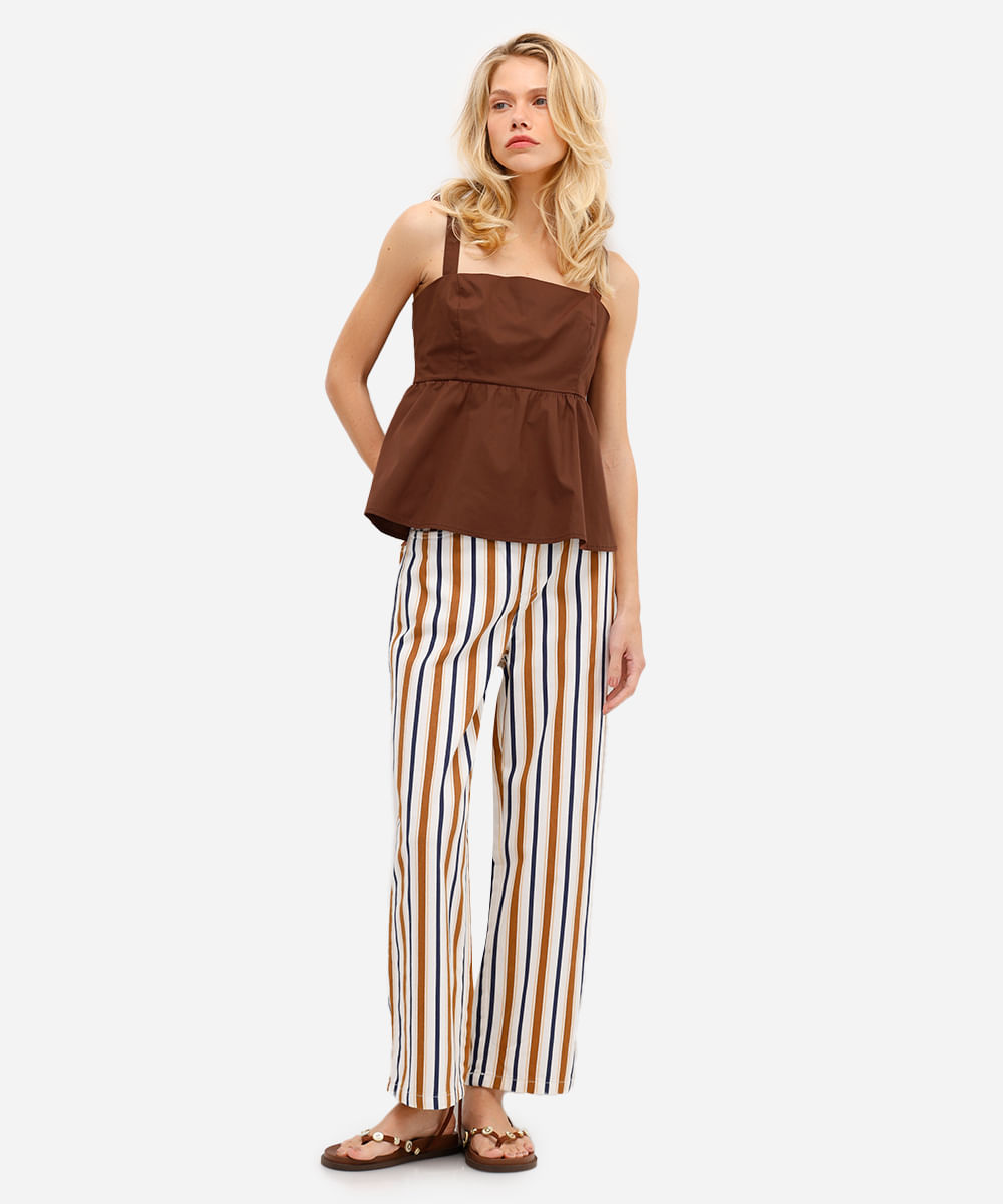 blusa feminina de algodão evasê com amarração marrom