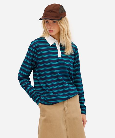 polo feminina de moletinho sem felpa listrada azul