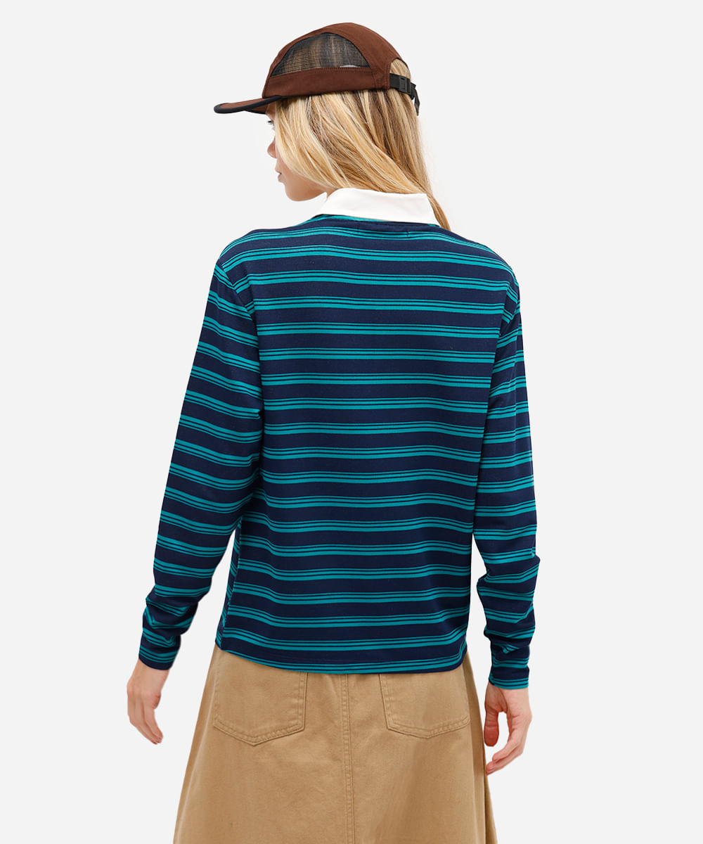 polo feminina de moletinho sem felpa listrada azul