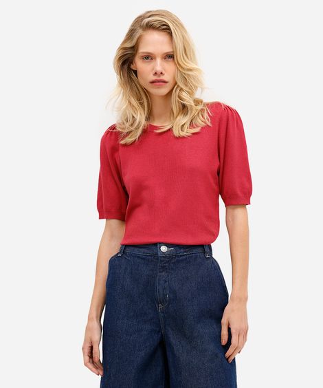 blusa feminina de tricot manga bufante rosa