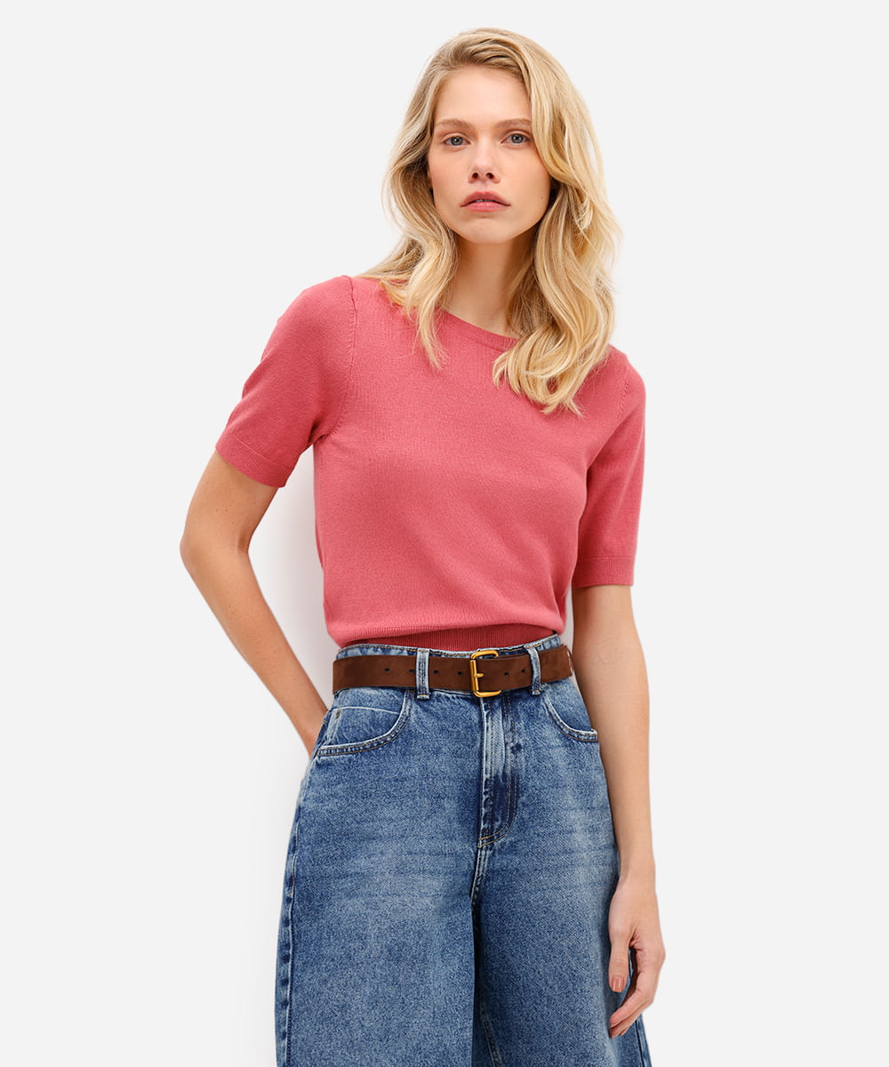 blusa cropped feminina de tricot manga curta rosa