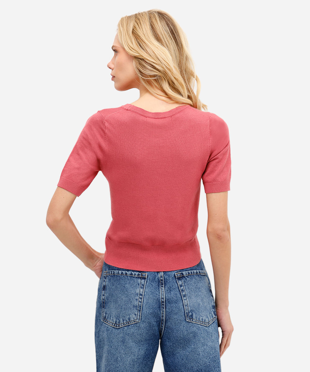 blusa cropped feminina de tricot manga curta rosa
