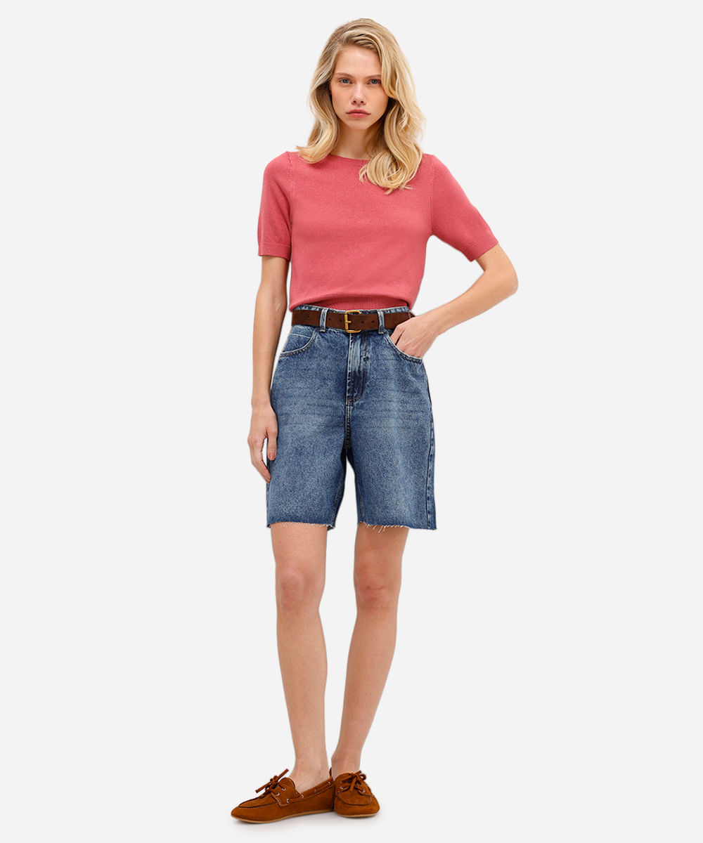 blusa cropped feminina de tricot manga curta rosa
