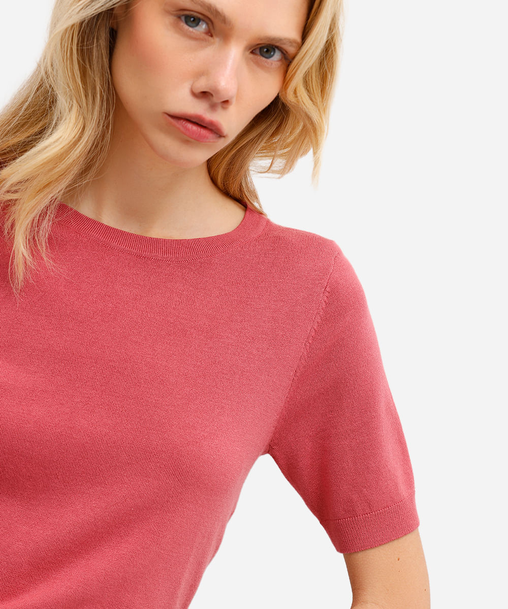 blusa cropped feminina de tricot manga curta rosa
