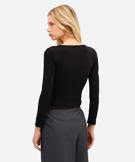 blusa básica feminina de algodão manga longa preta