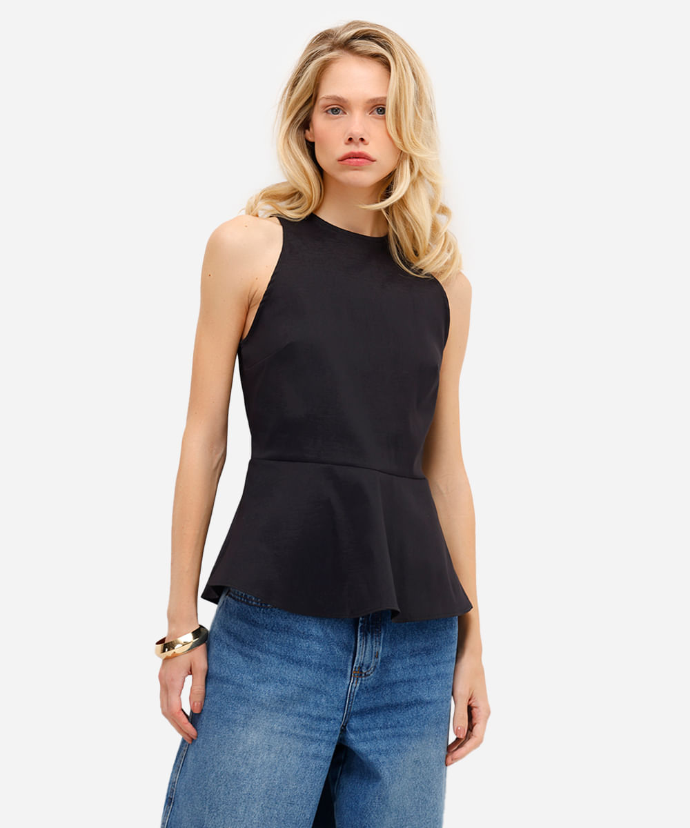 blusa feminina decote redondo com peplum preta