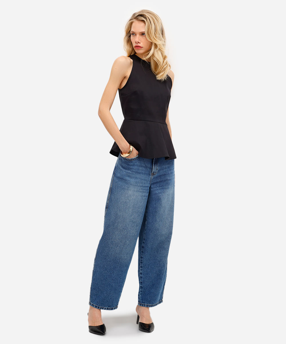blusa feminina decote redondo com peplum preta