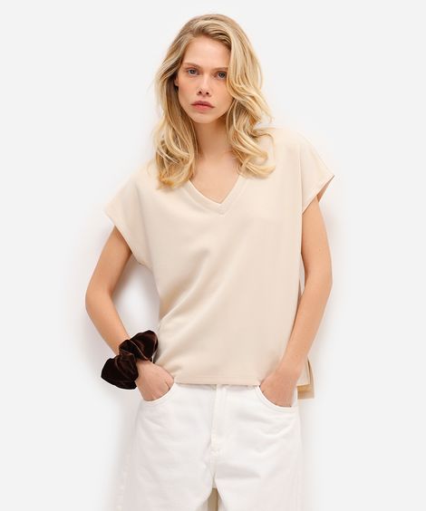 blusa básica feminina decote v manga curta bege