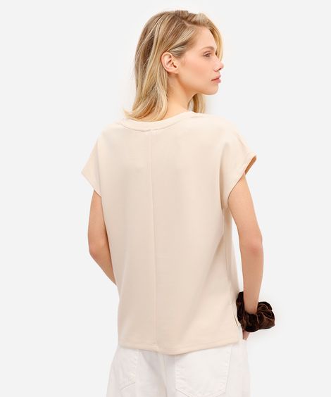blusa básica feminina decote v manga curta bege