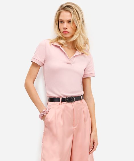 polo feminina manga curta canelada rosa