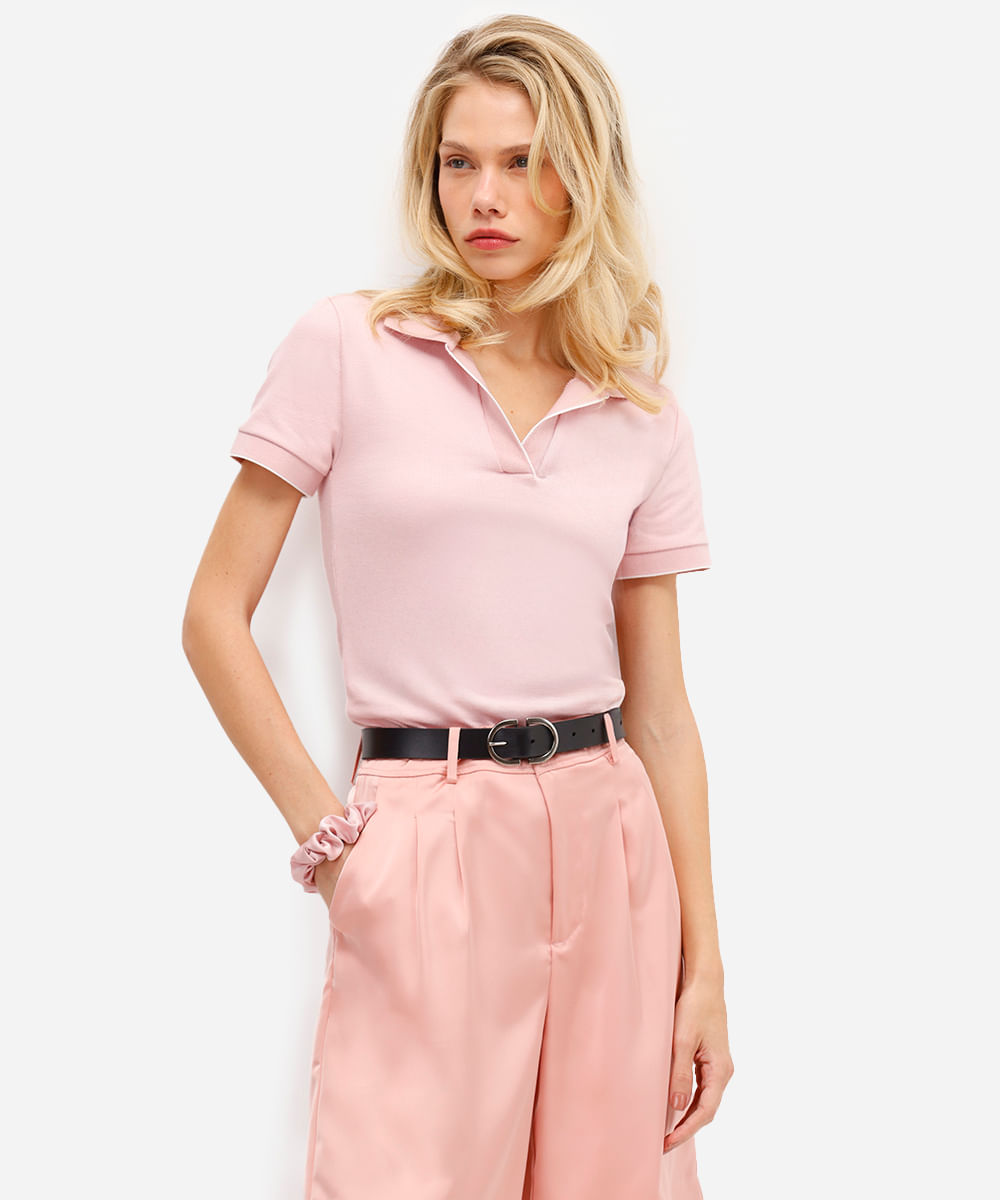 polo feminina manga curta canelada rosa