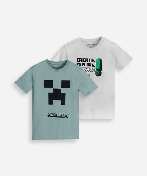 kit de 2 camisetas infantis de algodão manga curta minecraft colorida
