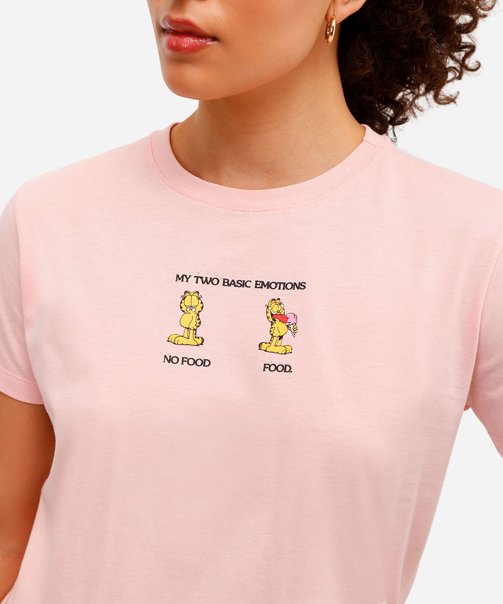camiseta feminina de algodão garfield rosa