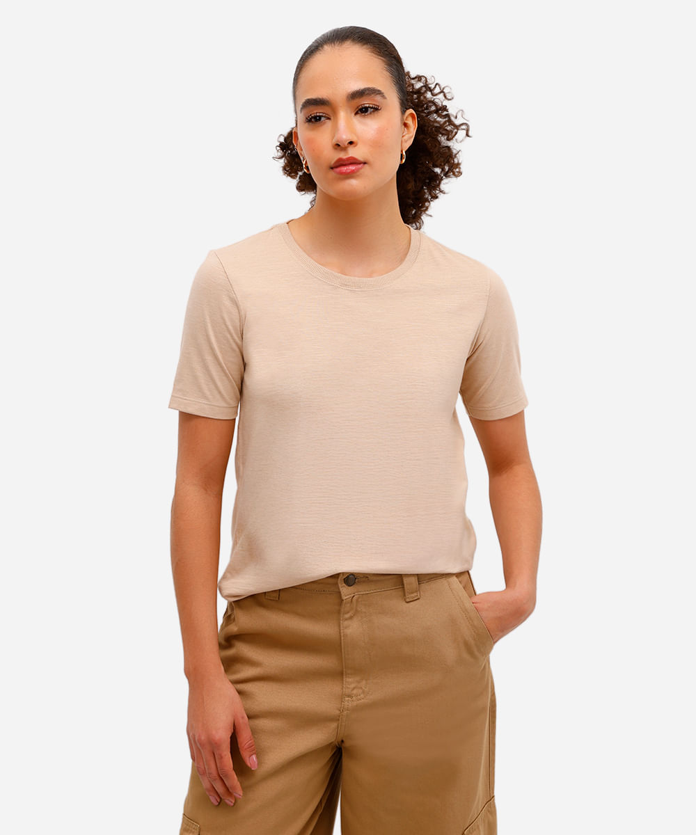 blusa básica feminina de algodão manga curta bege