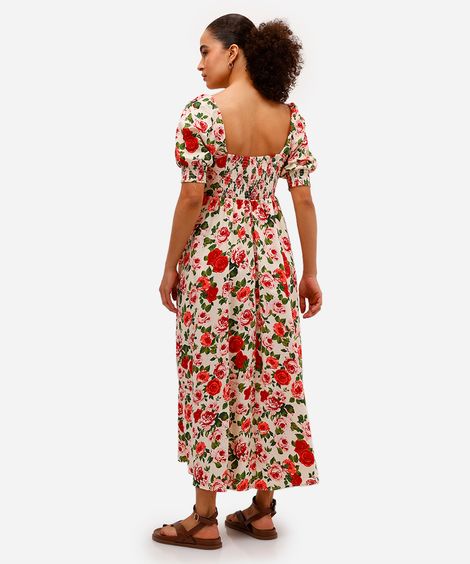 vestido midi feminino de algodão manga bufante floral bege