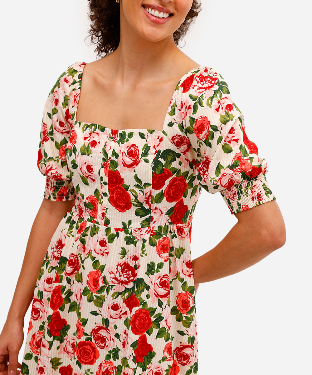 vestido midi feminino de algodão manga bufante floral bege