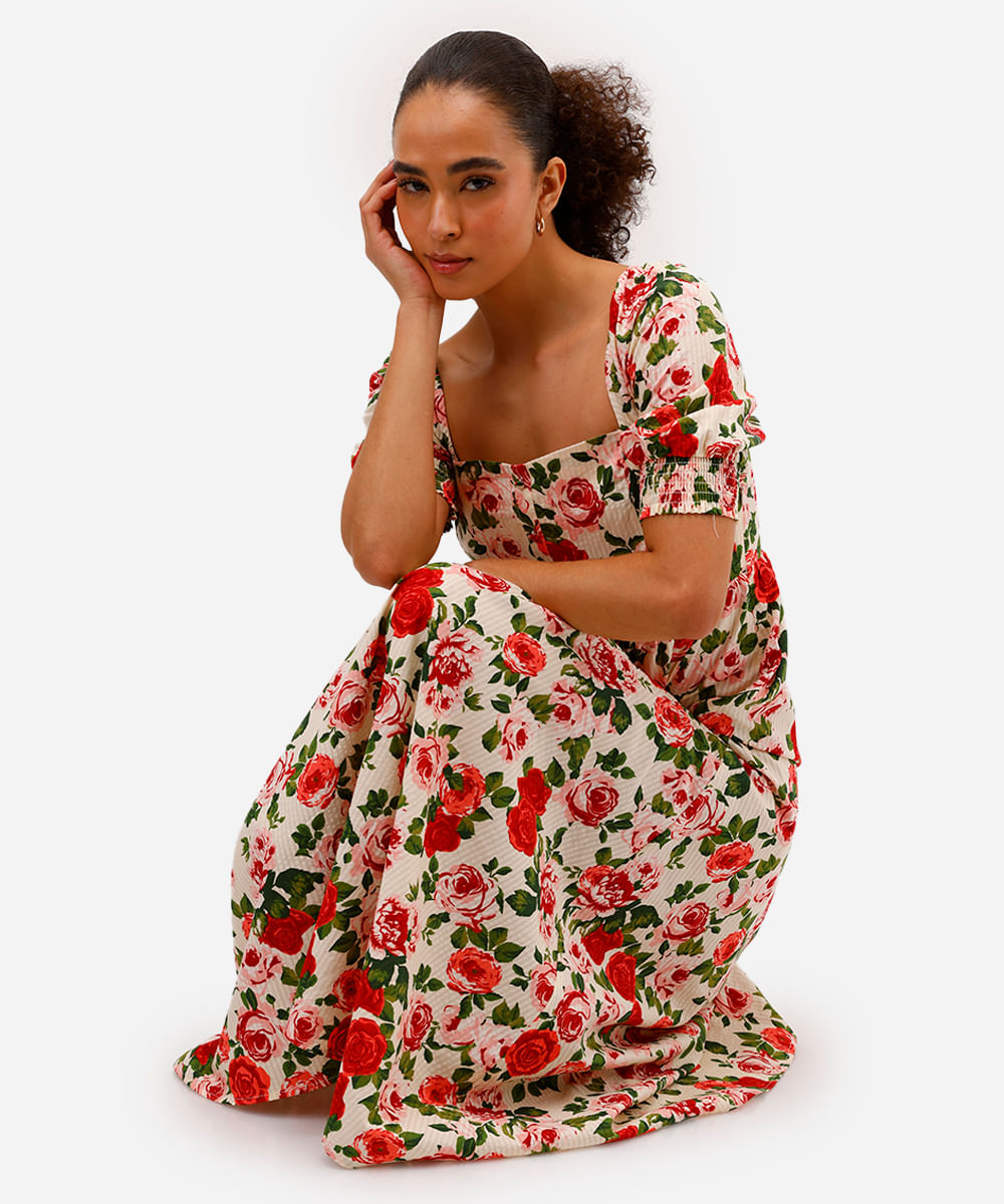 vestido midi feminino de algodão manga bufante floral bege