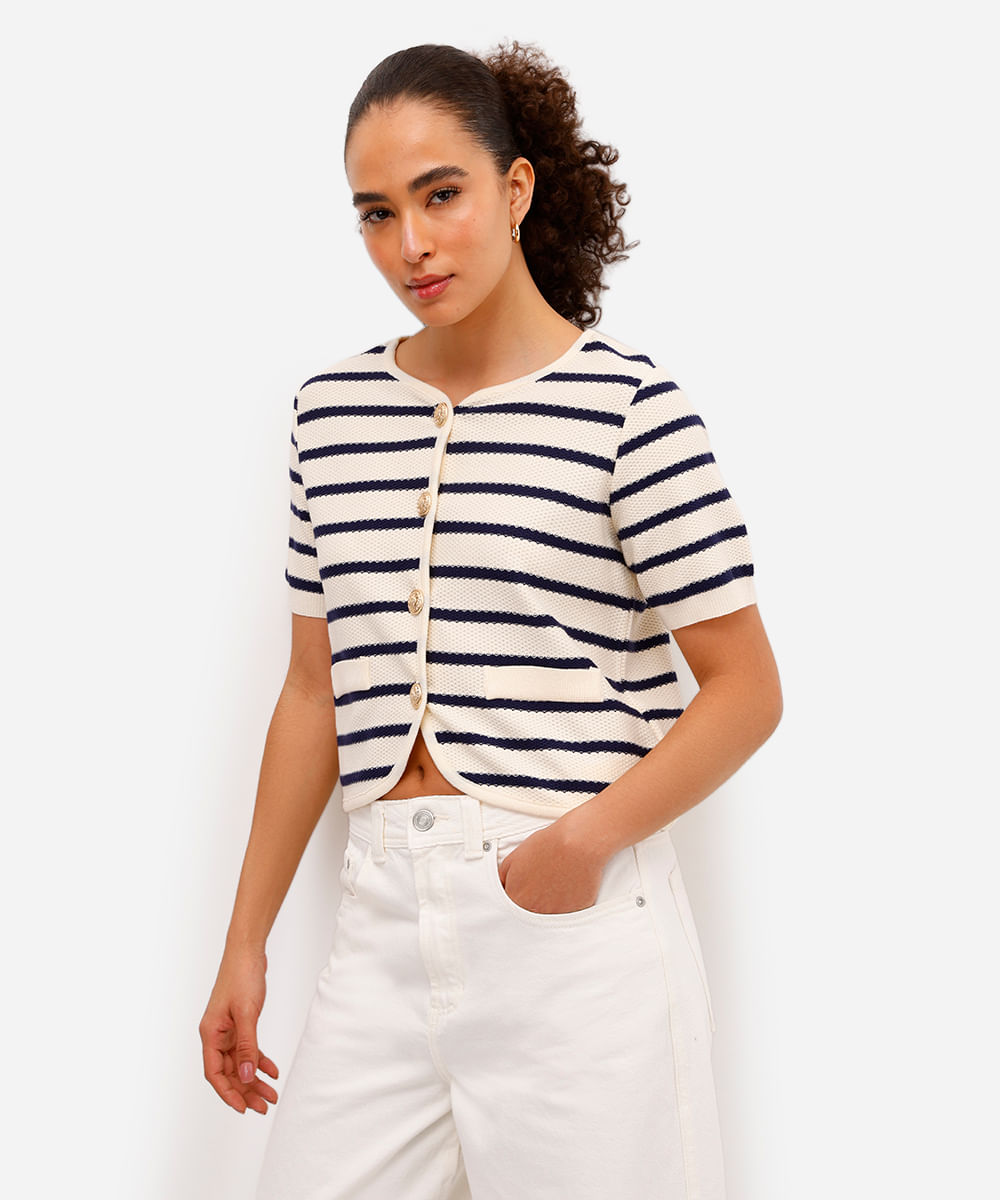 cardigan feminino de tricot listrado azul
