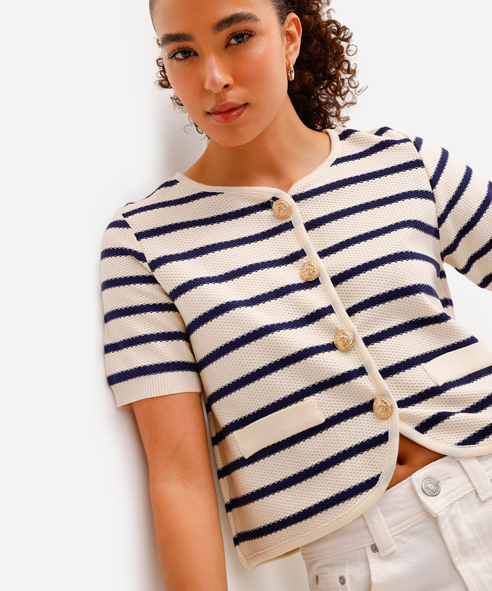 cardigan feminino de tricot listrado azul