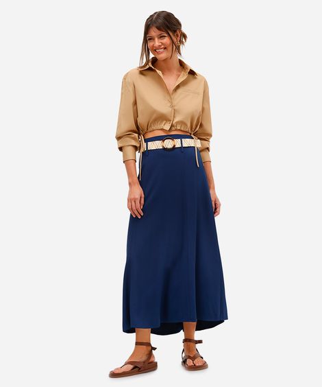saia midi feminina de viscose com cinto azul