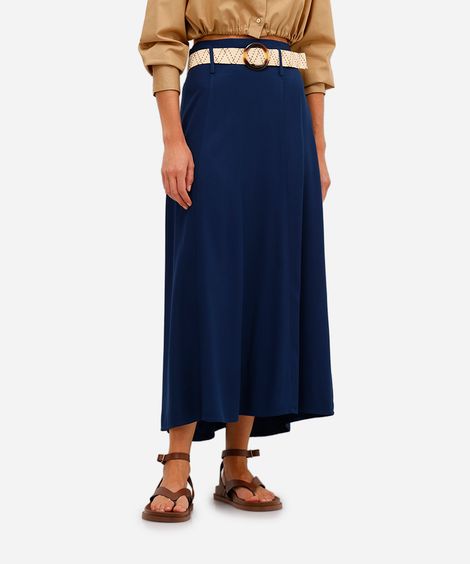 saia midi feminina de viscose com cinto azul