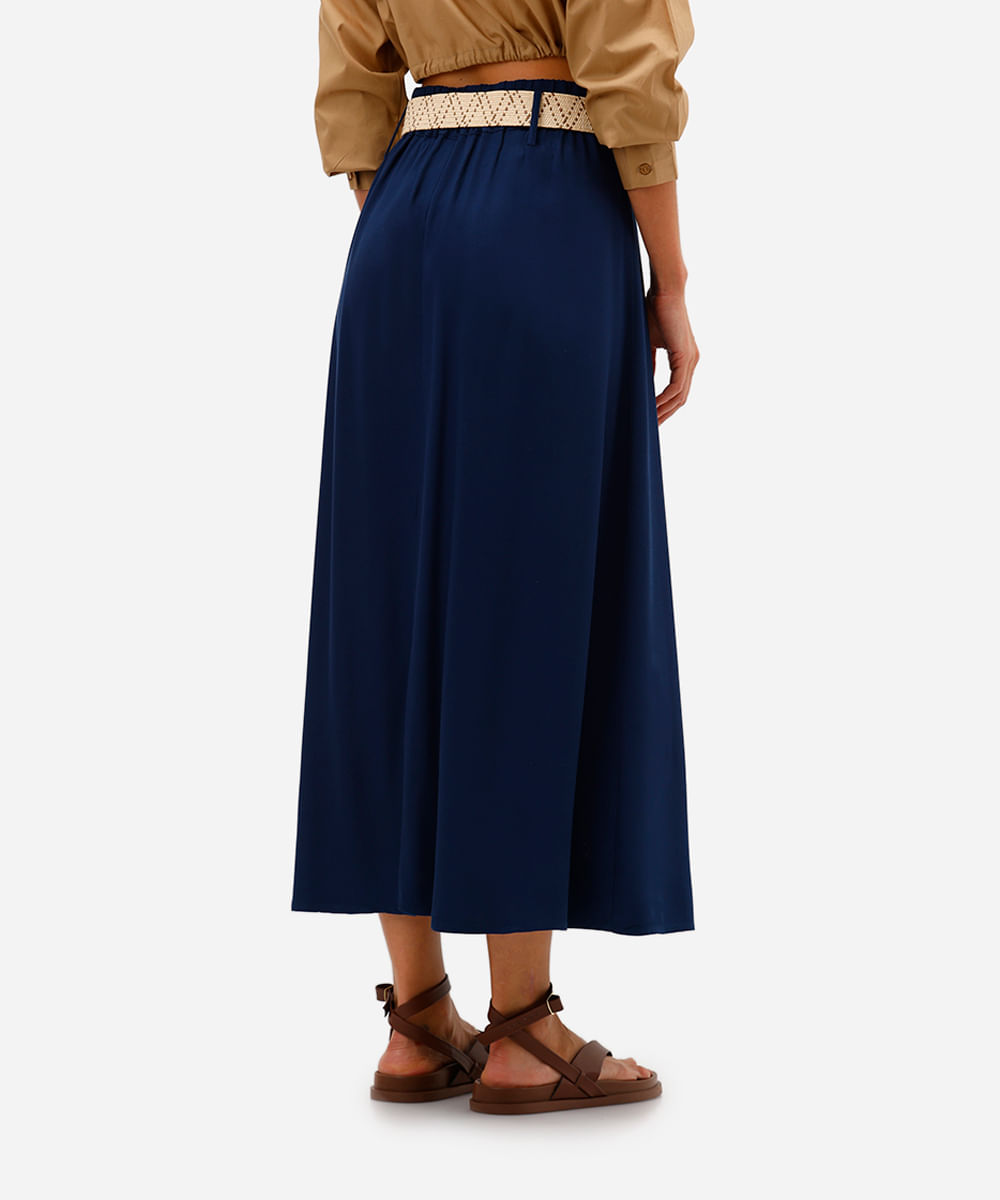saia midi feminina de viscose com cinto azul