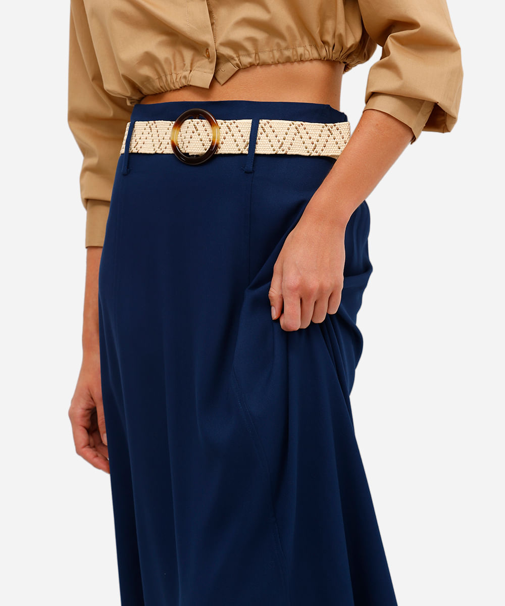 saia midi feminina de viscose com cinto azul