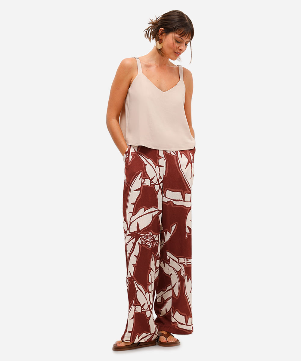 calça wide leg feminina texturizada folhagem vermelha