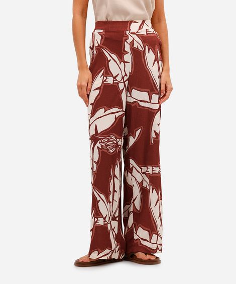 calça wide leg feminina texturizada folhagem vermelha