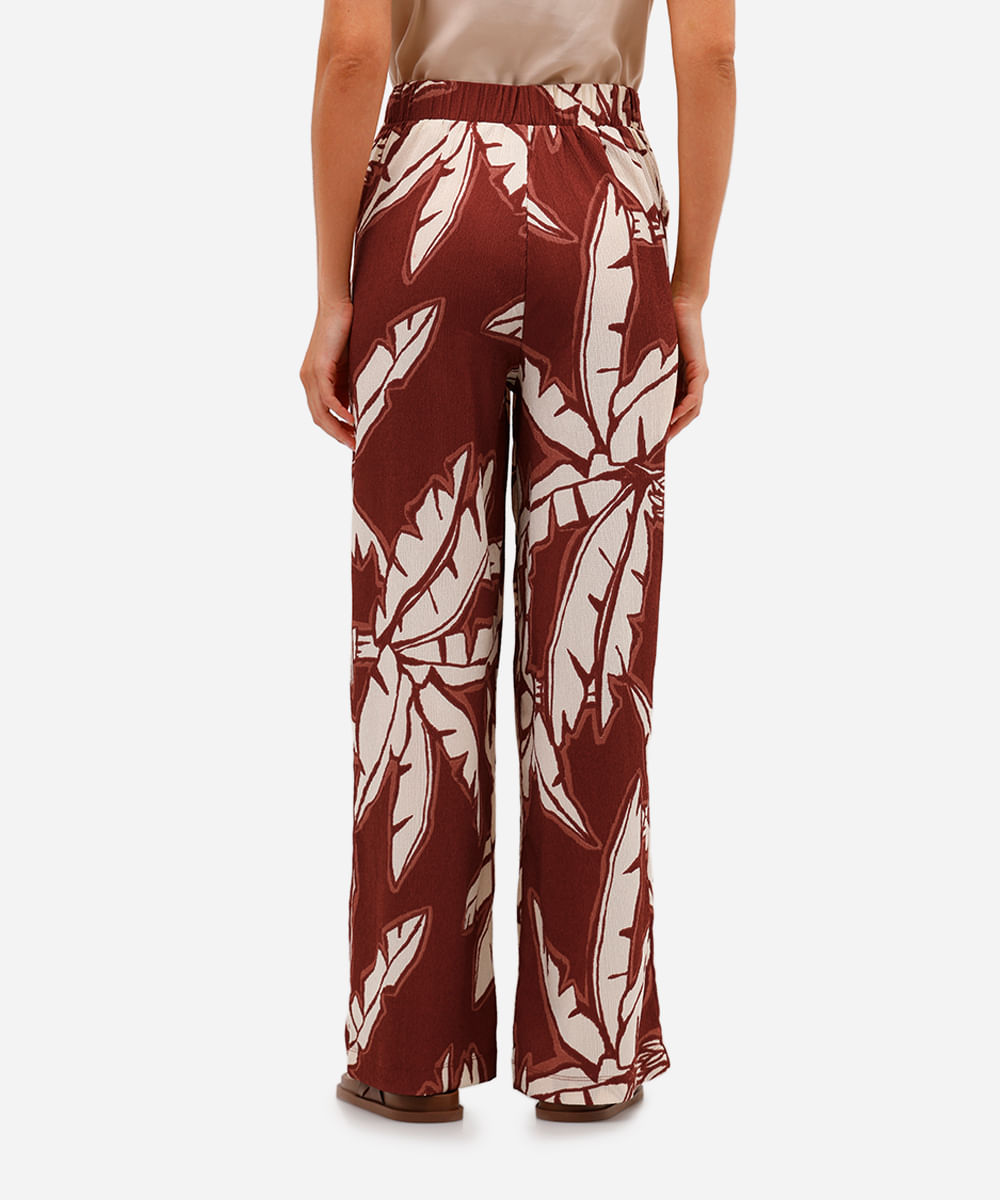 calça wide leg feminina texturizada folhagem vermelha