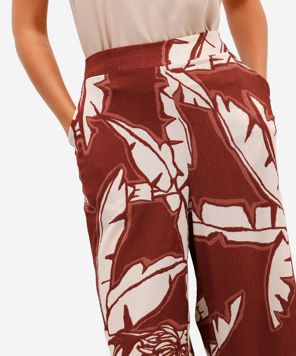 calça wide leg feminina texturizada folhagem vermelha