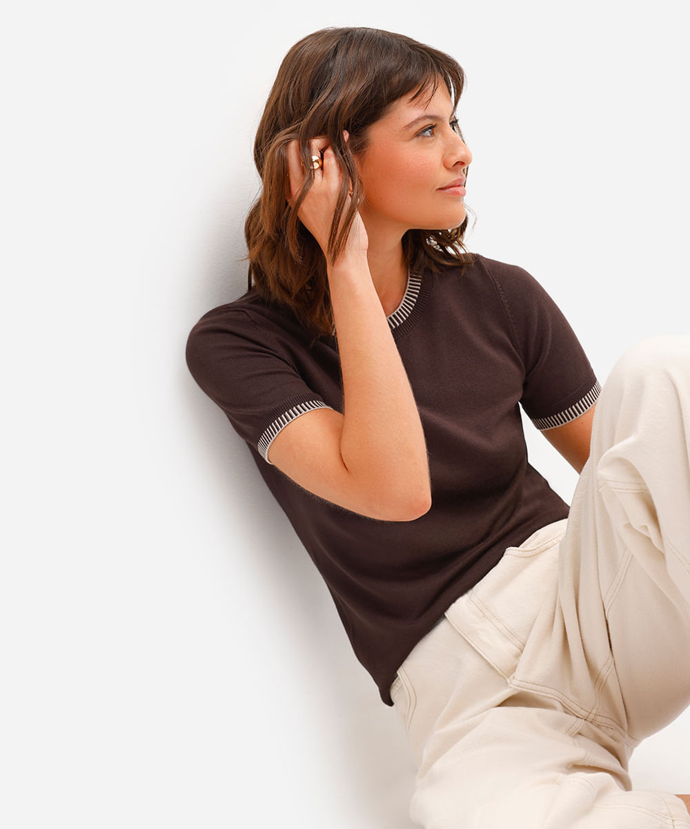 blusa feminina de tricot manga curta marrom
