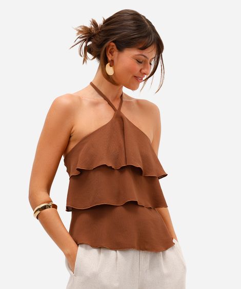 blusa frente única feminina com babados marrom