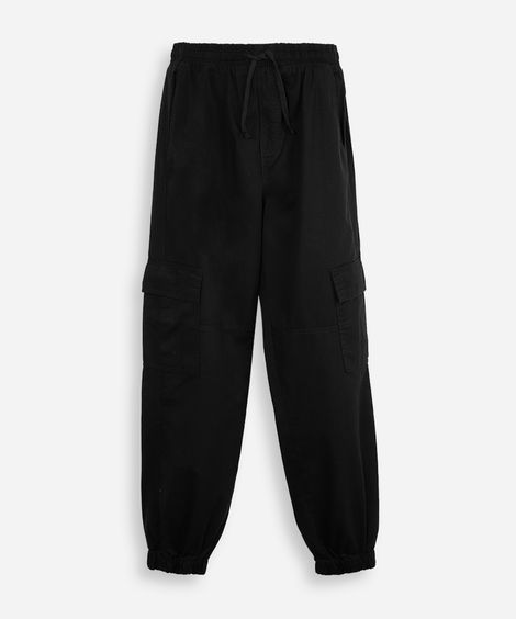calça jogger juvenil de sarja com bolsos cargo preta