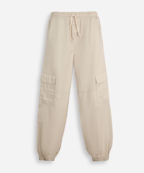 calça jogger juvenil de sarja com bolsos cargo bege