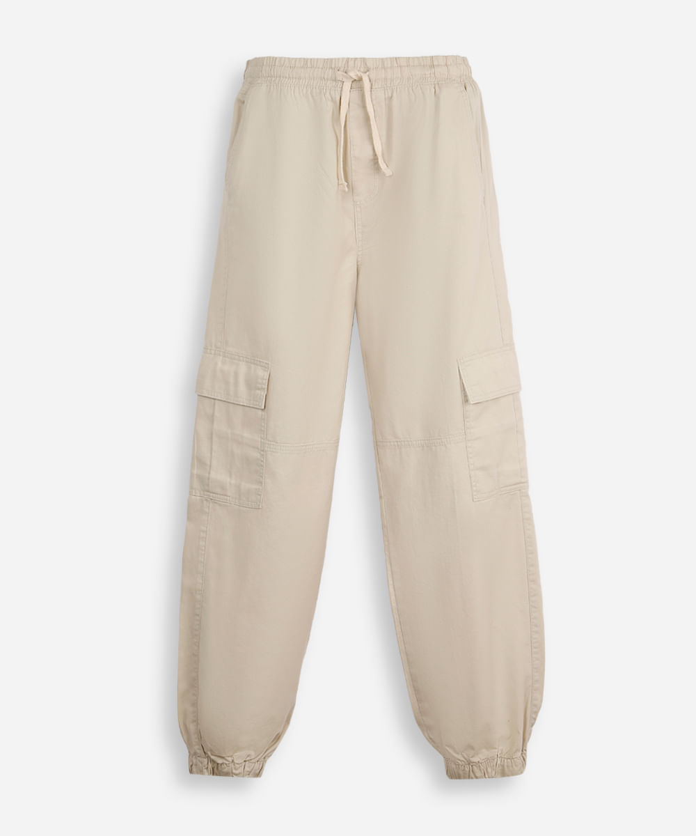 calça jogger juvenil de sarja com bolsos cargo bege